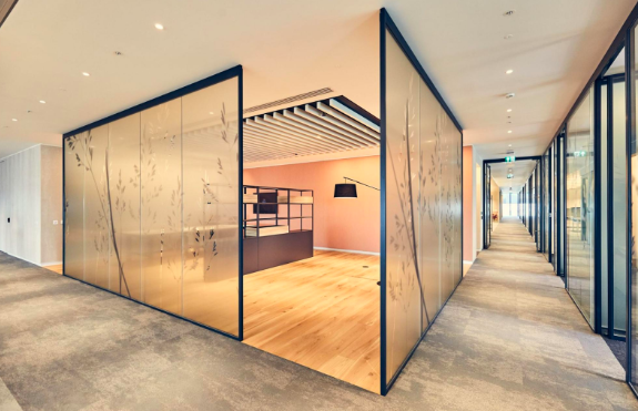 an office space with PurOptima's laminated glass