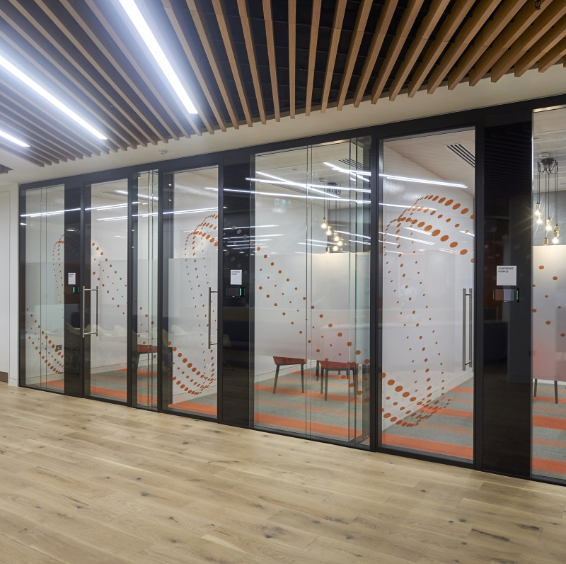 a vibrant glass office door design idea