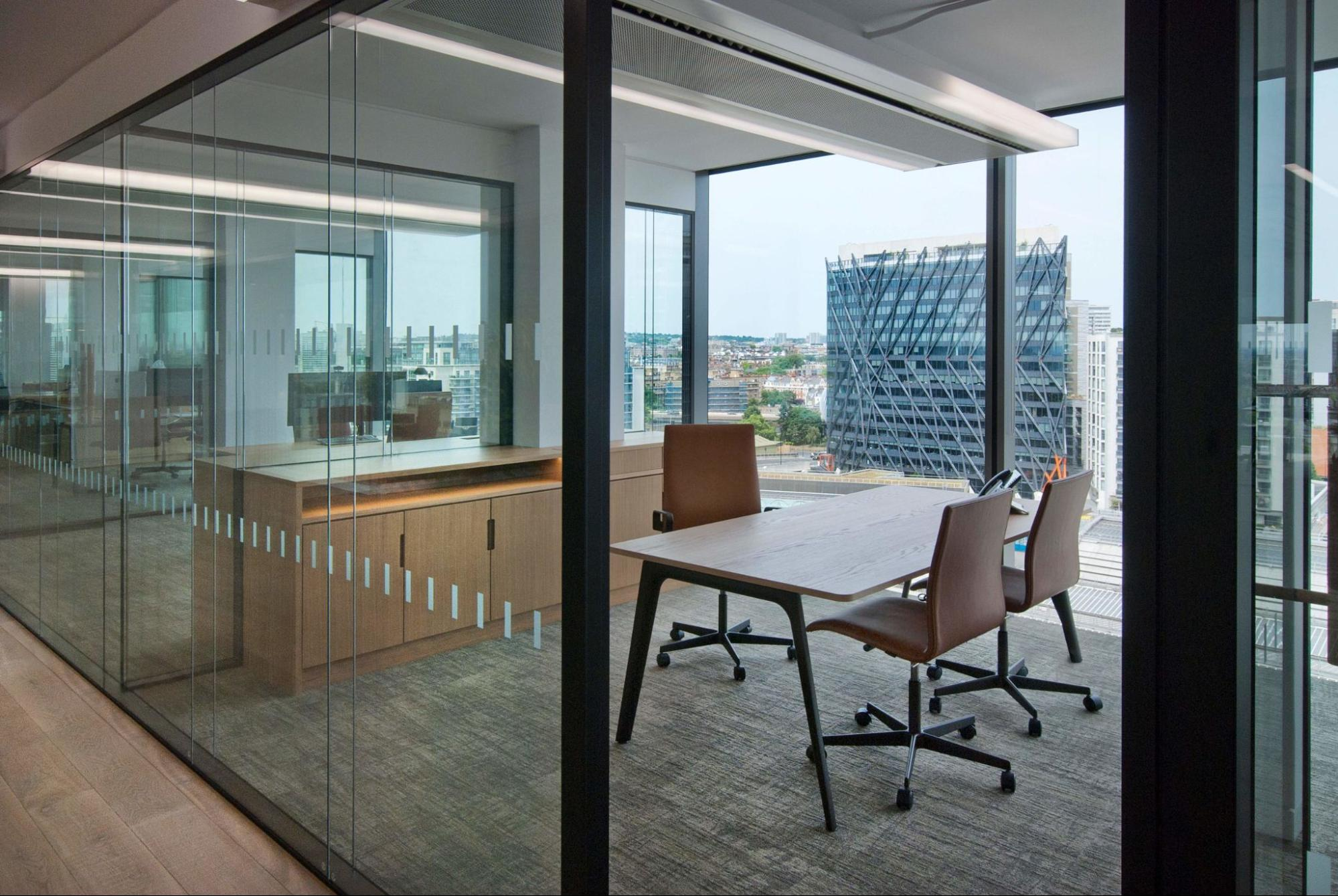 an office space with clear clear views of the city outside